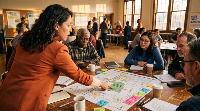 Community Leaders Collaborating With Diverse Residents During Strategic Planning Workshop Session