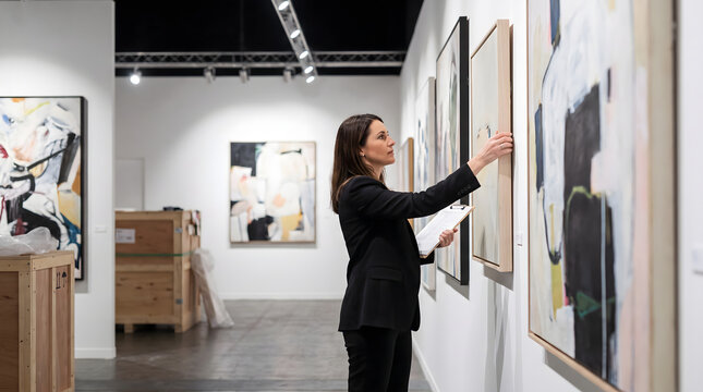 A professional woman in a black suit inspects framed abstract artworks in a bright modern gallery space. She holds a checklist while checking pieces on a white wall.