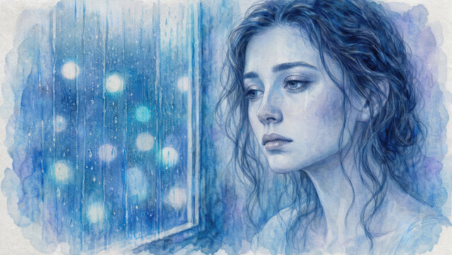 Tearful Woman by a Rainy Window, Melancholic Watercolor Portrait
