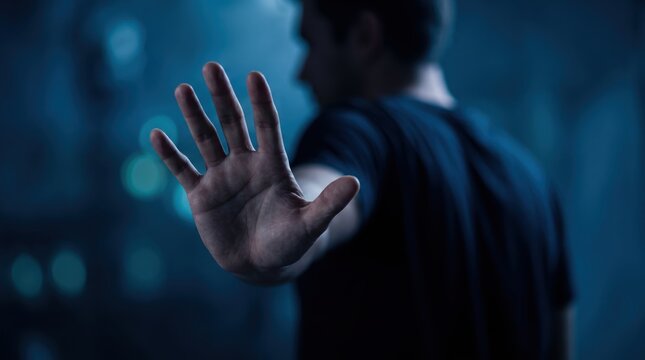Man hand gesture signaling stop or wait in dark atmospheric, representing refusal, boundary setting, protection, or halting action in a dramatic conceptual image suitable