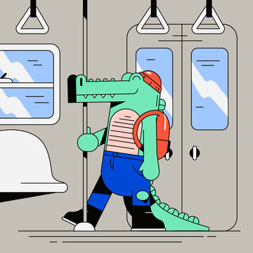 Cartoon Crocodile Commuting on Subway &ndash; Quirky Urban Vector Illustration