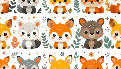 Fototapeta premium Kawaii seamless pattern with cute foxes, tiny leaves, and flowers, soft pastel colors, adorable woodland cartoon style.