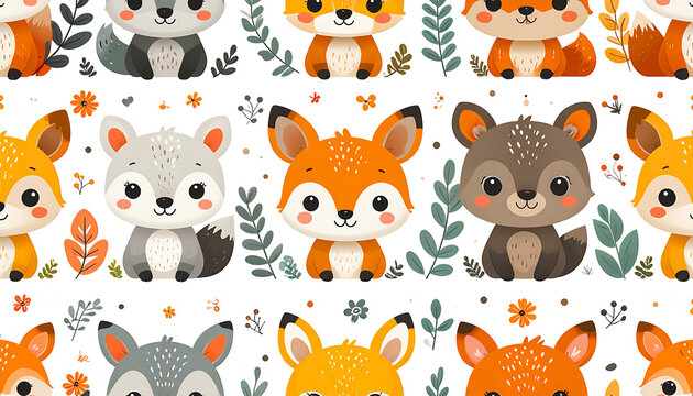 Kawaii seamless pattern with cute foxes, tiny leaves, and flowers, soft pastel colors, adorable woodland cartoon style.
