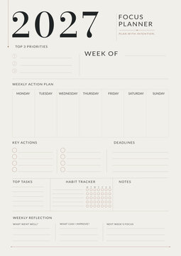 2027 Weekly Focus Planner Template with Habit Tracker and Action Plan