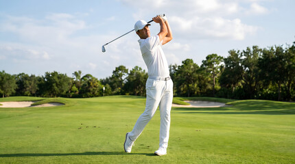 Fototapeta premium Golfer performing mid-swing on a golf course