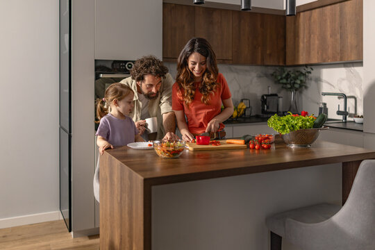 Family cooking together in modern kitchen preparing fresh salad and vegetables