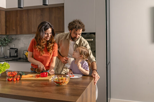 Family preparing healthy salad together in modern kitchen with parents and child