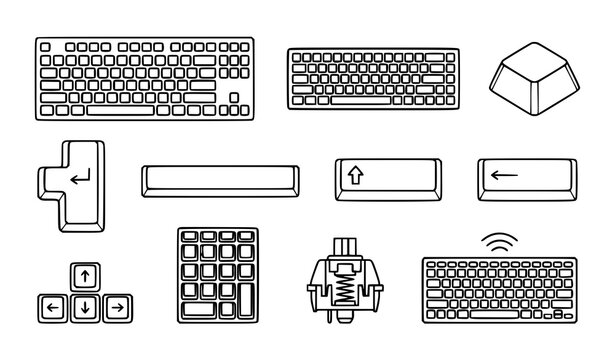 Computer Keyboard Linear Vector Set with English Layout Keys Enter Shift Spacebar Backspace Numeric Pad Arrow Cluster and Technology Designs