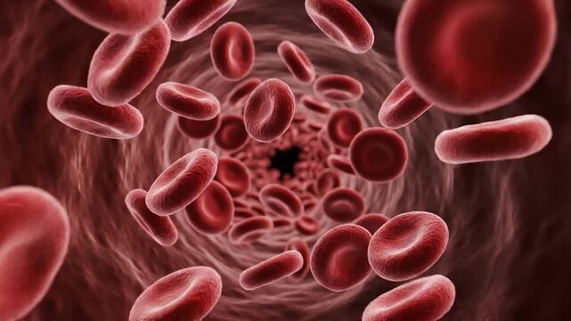 Red Blood Cells in Vessel: A close-up view inside a blood vessel, showing a flow of numerous red blood cells, illustrating the essence of circulation and life.