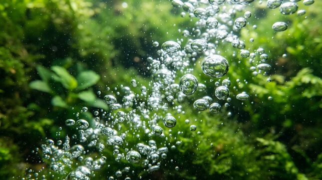 Sparkling oxygen bubbles rising through clear water surrounded by vibrant green aquatic plants in a freshwater tank