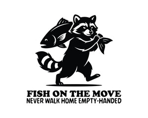 Obraz premium Walking Raccoon Carrying Large Fish Vector Silhouette Design Illustration, walking raccoon, raccoon carrying large fish, raccoon with fish, raccoon silhouette, raccoon vector, funny raccoon