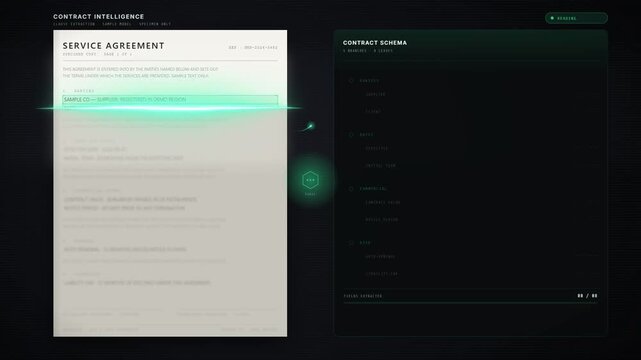 Contract intelligence scan reads a service agreement and fills a clause schema panel