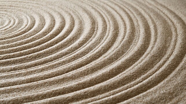 Zen garden sand with concentric circle raked pattern for meditation peace