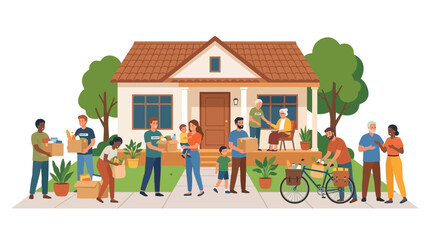 Fototapeta premium Diverse Volunteers Delivering Food Boxes to Community House Illustration