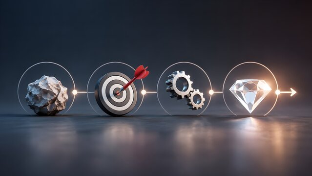 Business transformation process concept from raw stone to glowing diamond, strategic workflow and value creation stages