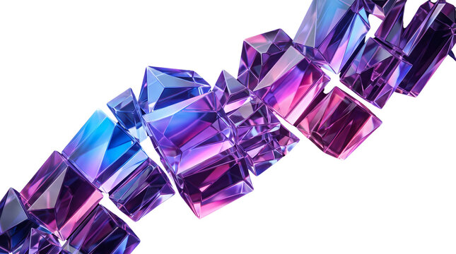 Crystalline purple and blue geometric gems, abstract faceted glass shards on white, vibrant jewel-toned crystal cluster background