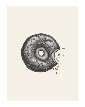 A set of three vintage-style line art illustrations featuring glazed and frosted donuts with sprinkles. Rendered in a classic hand-drawn engraving style with intricate cross-hatching detail, the colle