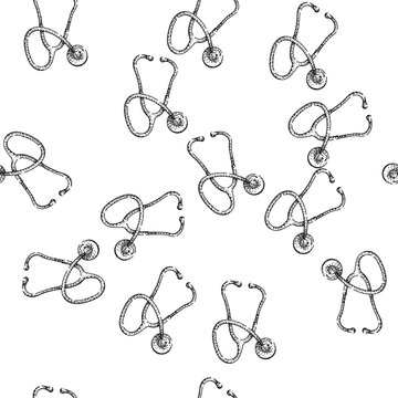 seamless pattern medical stetoscope hand drawn. healthcare doctor, nurse diagnosis, heart lungs medical stetoscope black sketch illustration