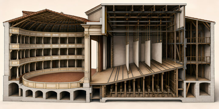 Baroque theatre stage cutaway illustration