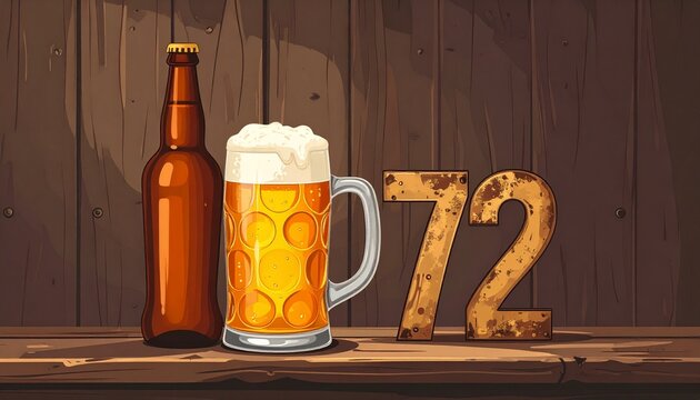 Rustic Beer Glass and Bottle with Number 72 &ndash; Birthday and Anniversary Illustration