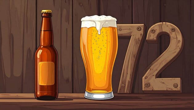 Rustic Beer Glass and Bottle with Number 72 &ndash; Birthday and Anniversary Illustration