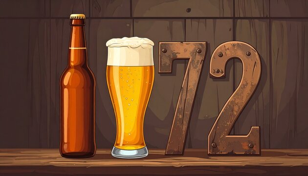 Rustic Beer Glass and Bottle with Number 72 &ndash; Birthday and Anniversary Illustration