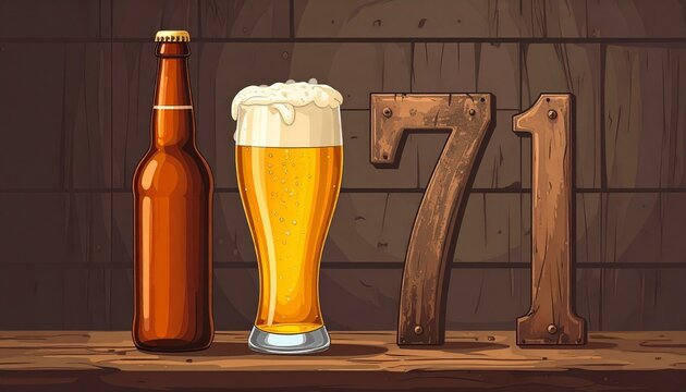 Rustic Beer Glass and Bottle with Number 71 &ndash; Birthday and Anniversary Illustration