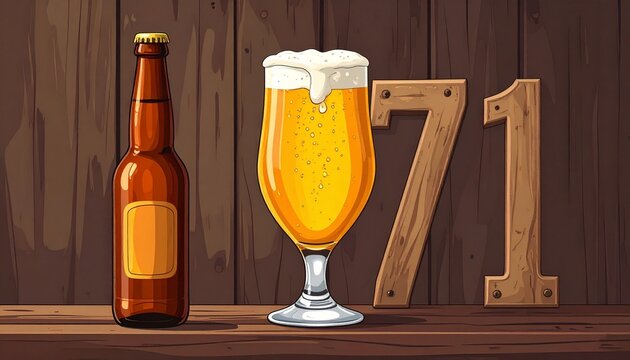 Rustic Beer Glass and Bottle with Number 71 &ndash; Birthday and Anniversary Illustration