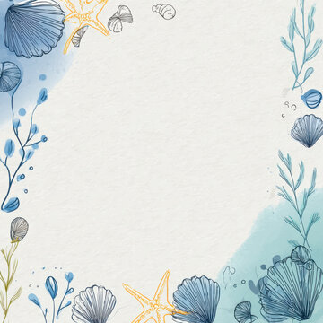 Ocean border frame with seashell starfish coral seaweed watercolor blue pastel botanical empty space hand drawn