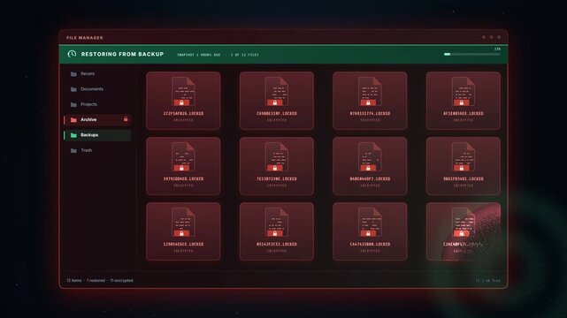 Encrypted red files restored from backup until file manager shows restore complete