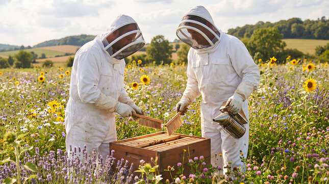 Two Beekeepers Inspecting Bee Hives in Flower Field