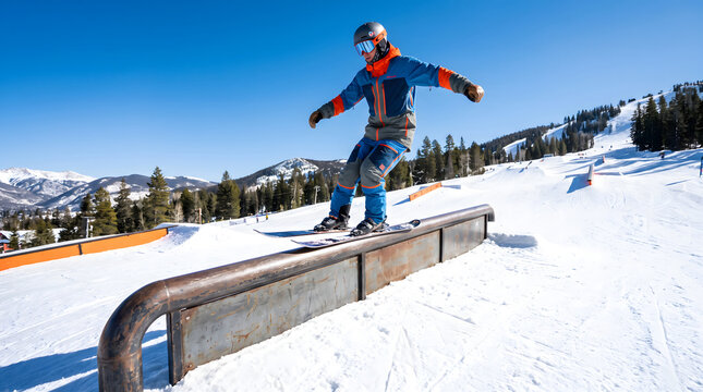 Snowboarder grinding on metal rail at snowy terrain park