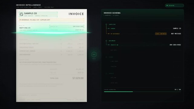 Invoice intelligence scan extracts billing fields and flags a purchase order mismatch