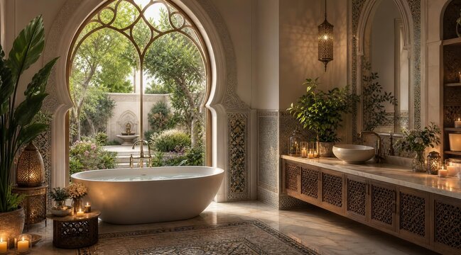 Luxurious Bathroom Interior with Freestanding Tub and Large Arched Window Facing Garden.