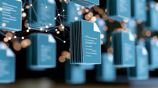 Automated document routing system visualized with files moving between connected departments, workflow optimization, corporate communication, enterprise process management, with