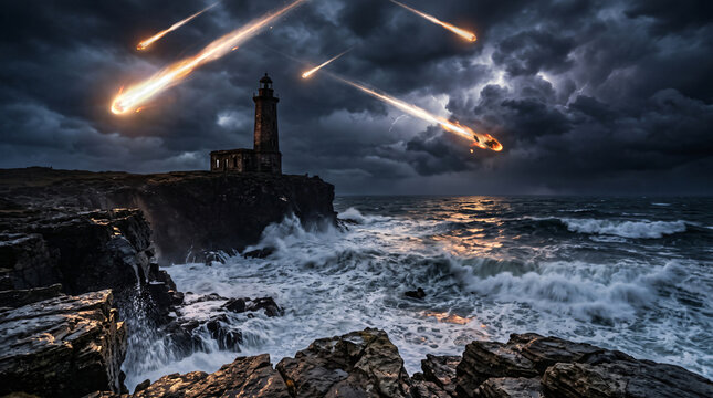 Apocalyptic Meteor Shower and Storm over Coastal Lighthouse