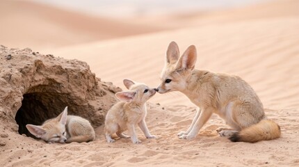 Naklejka premium Desert Fennec Fox Family: A touching scene of a fennec fox mother nuzzling her cub beside a burrow in the sandy desert, with another pup resting nearby.