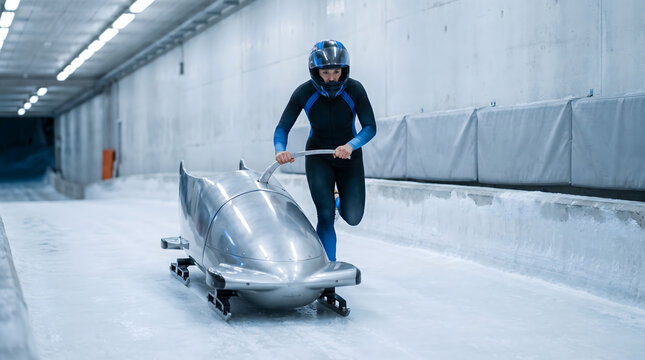 Athlete Pushing Bobsled on Ice Track in Training Session