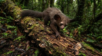 Naklejka premium Aye-aye Lemur Exploring Forest Floor: A rare aye-aye lemur with its distinctive large ears and rodent-like teeth, navigates a moss-covered fallen log in a lush, verdant rainforest.