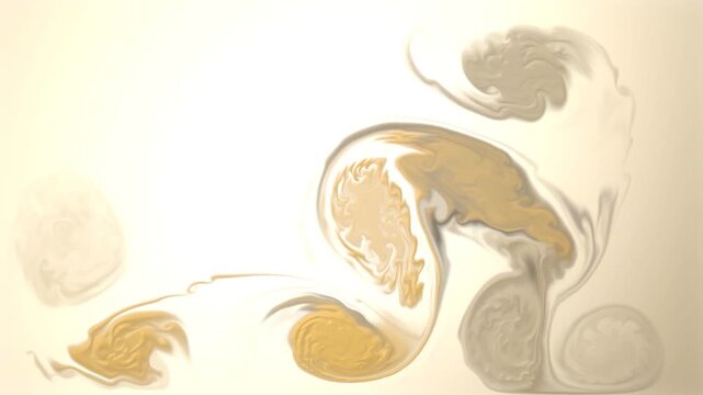 Gold and black ink swirls spreading through cream liquid as abstract marble background
