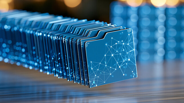 Digital archive concept with neatly structured virtual folders connected to cloud storage, automated document processing and secure information access, data management, paperless