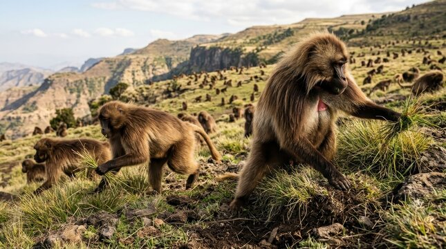 Gelada Baboons in Ethiopian Highlands: A troop of gelada baboons roams a grassy mountain landscape in Ethiopia, showcasing their unique social dynamics and adaptability in a rugged.