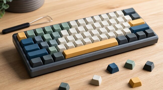 Custom mechanical keyboard with colorful keycaps on wood.