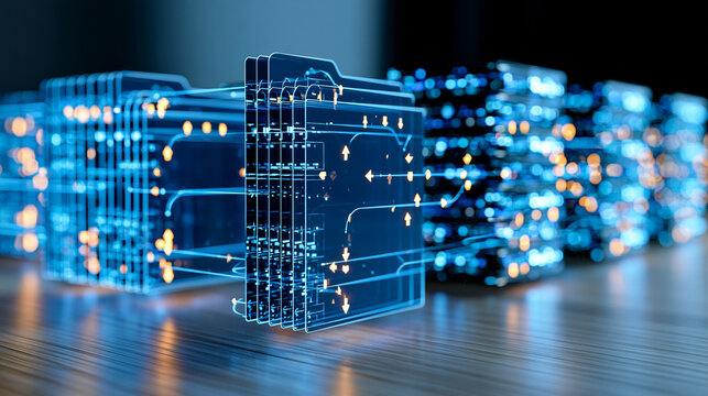Digital document ecosystem with interconnected folders, databases and workflow arrows, centralized enterprise information management and automated processes, business technology,