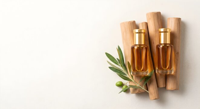 Flatlay Display of Two Golden Attar Bottles Resting on Raw Sandalwood Blocks with Olive Leaves