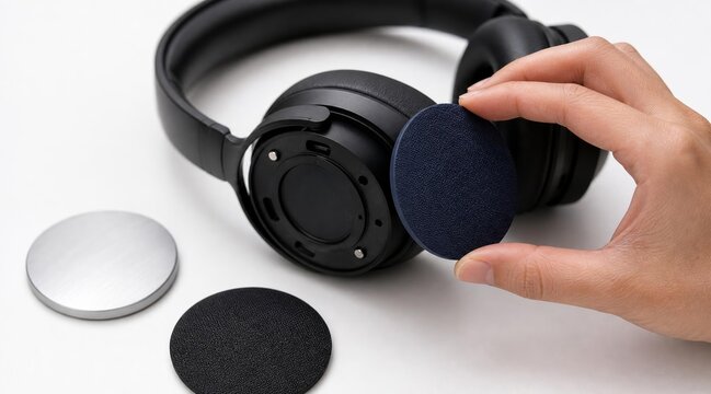 Hand repairing black headphones with circular replacement parts on white background.