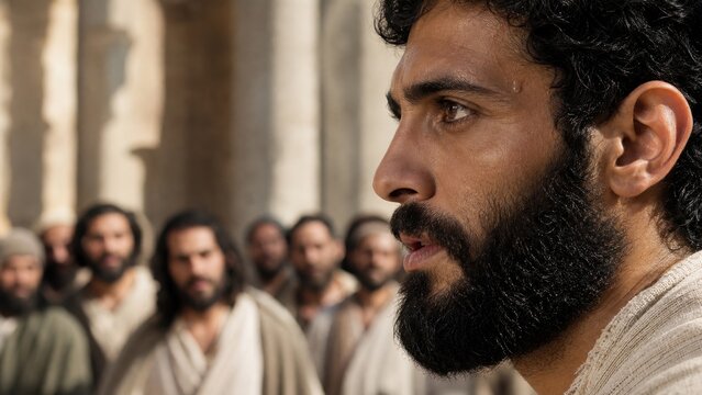 Profile of bearded man speaking in ancient temple courtyard with blurred crowd behind. Biblical trap question and religious debate concept for faith teaching