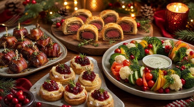 Festive Christmas appetizer spread with beef wellington and vegetable wreath.