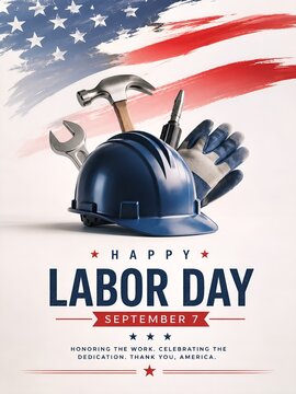 Happy labor day illustration with hard hat and tools
