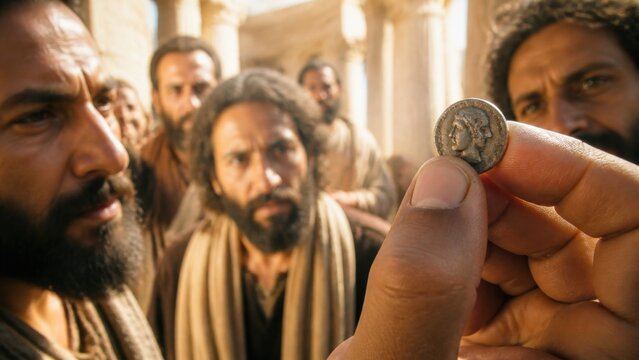 Man holding silver denarius with caesar portrait at eye level before group of bearded men in temple court. Biblical render unto caesar teaching about faith, tax and trap question concept